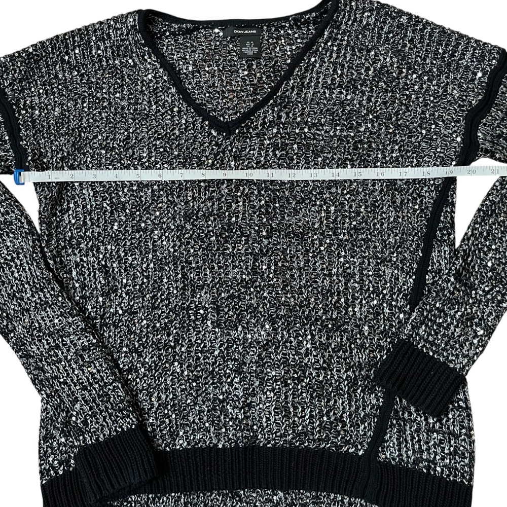 DKNY Jeans Black Grey Sequin Knit Sweater V-Neck Loose Metallic Sparkle Top M - Picture 6 of 9
